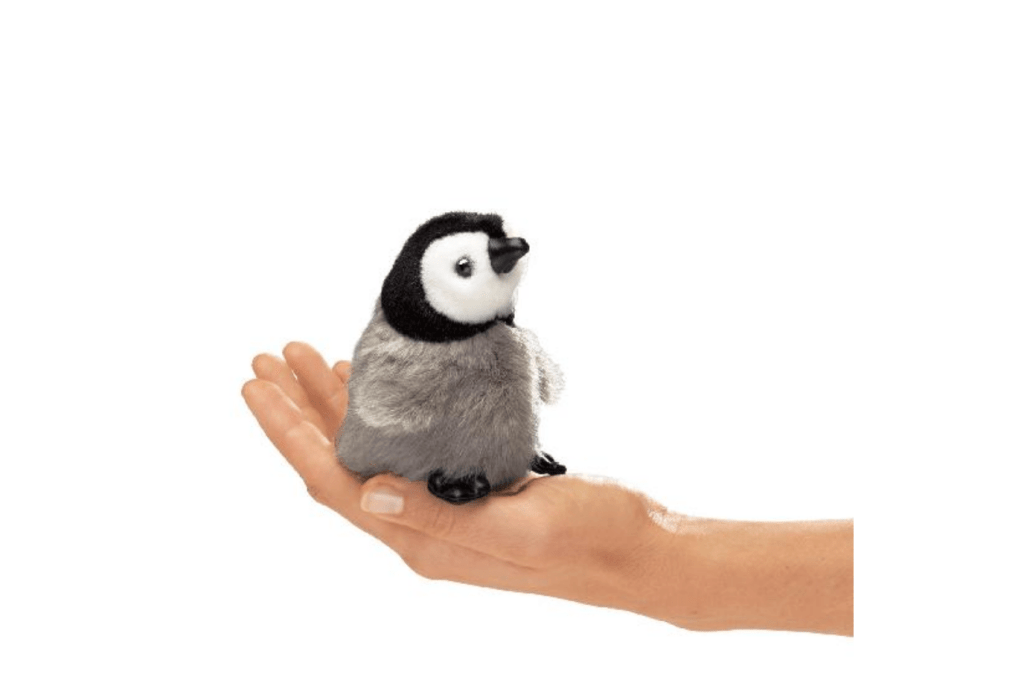 Mini Finger Puppets by Folkmanis Puppets - Baby Emperor Penguin, realistically designed, imaginative play, language development, prop for circle time, prop for music class, 3 years and up, kindergarten quality finger puppet, The Montessori Room, Toronto, Ontario, Canada.