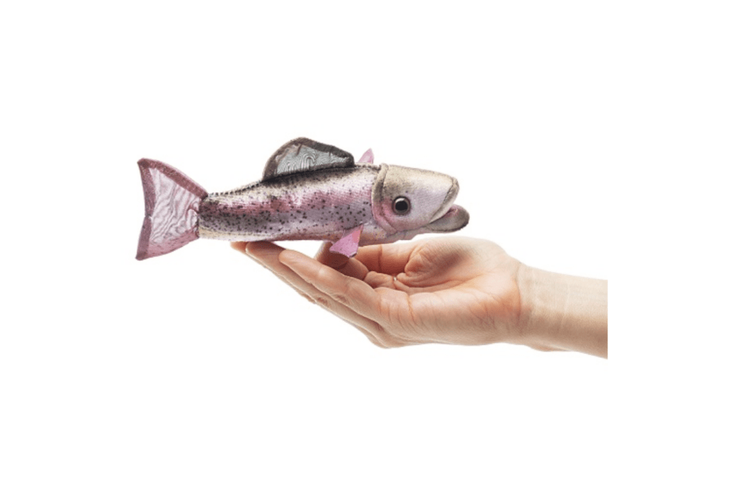 Mini Finger Puppets by Folkmanis Puppets - Rainbow Trout, realistically designed, imaginative play, language development, prop for circle time, prop for music class, 3 years and up, kindergarten quality finger puppet, The Montessori Room, Toronto, Ontario, Canada.