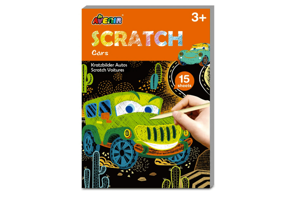 Mini Scratch Books by Avenir - Vehicles, 15 pages of themed scratch art, wooden stylus included, travel toy, art on the go, 3 years and up, independent play, concentration and focus, stocking stuffers for children, The Montessori Room, Toronto, Ontario, Canada.