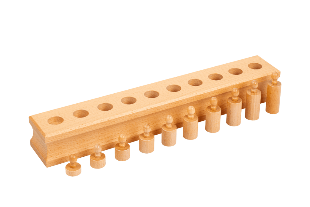 Montessori Cylinder Block (No. 4), GAM Montessori materials, AMI approved, Casa sensorial material, Primary sensorial material, Montessori sensorial material, Beechwood, Cylinder block series, Montessori materials that develop visual discrimination skills by size, Montessori materials that help to develop hand-eye coordination and fine motor control, The Montessori Room, Toronto, Ontario.