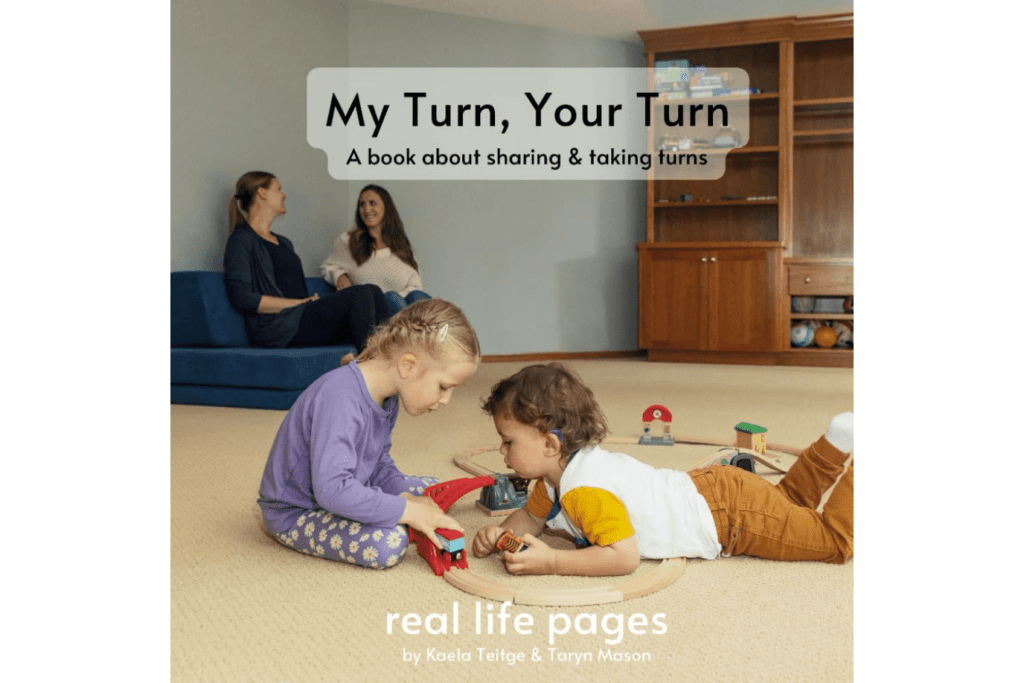My Turn, Your Turn, a book about sharing and taking turns, real life pages, by Kaela Teitge and Taryn Mason, 1 to 5 year olds, books for children with real photographs, books for children with real images, Montessori-aligned books, Montessori classroom books, The Montessori Room, Toronto, Ontario, Canada.