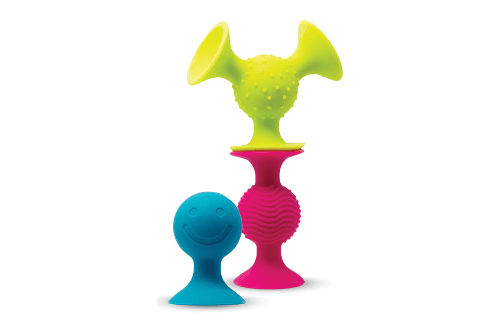 pipSquigz by Fat Brain Toys, 6 months and up, Includes 3 pipSquigz - 1-suction-cup, 2-suction-cup, 3-suction-cup, Made of high-quality food-grade silicone, Easy to clean and dishwasher safe, BPA-free, Tested to the highest safety standards, best toys for babies and toddlers, develops the senses, fine motor skills and gross motor skills, travel toy, bath toy, The Montessori Room, Toronto, Ontario, Canada.