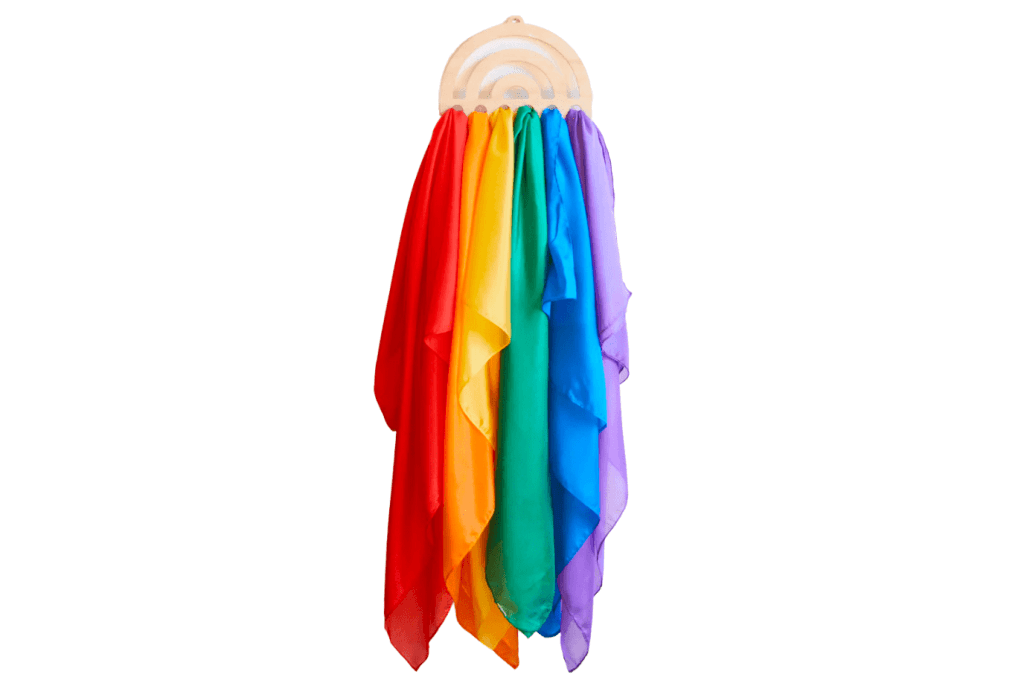 Wooden Rainbow Wall Display for Playsilks & Cloths, Sarah's silks Playsilk Display rainbow, silk display, how to organize playsilks, how to display playsilks, hand playsilks, decorative walk hanging for silks, Toronto, Canada