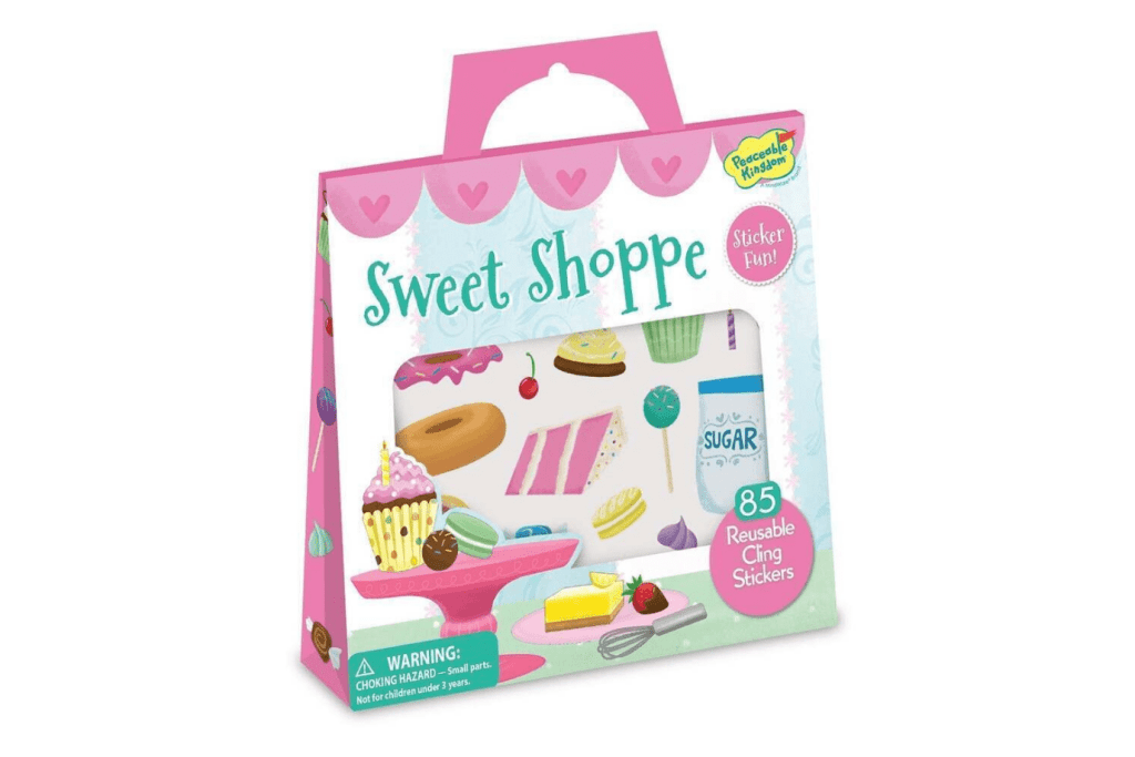 Reusable Sticker Activity Set - Sweet Shoppe by Peaceable Kingdom, 2 fold out scenes, 85 reusable cling stickers, storage tote, perfect travel toy for children 3 years and up, develops fine motor skills, hand-eye coordination, imaginative play, independent play, The Montessori Room, Toronto, Ontario, Canada.