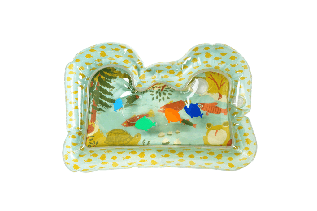 Riverbed Infant Water Mat by Manhattan Toy, safe from birth, river scene with 4 floating foam fish, cause and effect, hand-eye coordination, tummy time activity, baby toys, baby registry, best baby toys, best infant toys, The Montessori Room, Toronto, Ontario, Canada. 