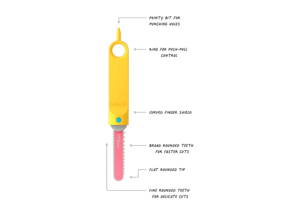 Safe-Saw by Makedo, cardboard cutting tool, 5 years and up, safe for children, rounded teeth, cardboard fort tool, cardboard crafts tool, creativity and imagination, The Montessori Room, Toronto, Ontario, Canada. STEM toys for kids.