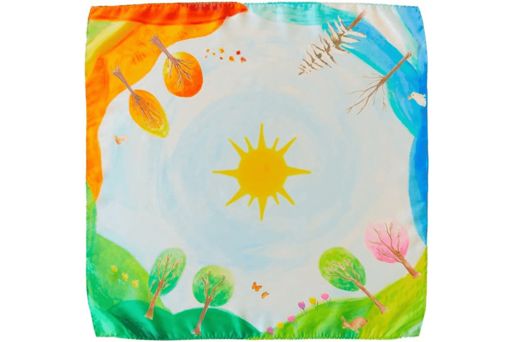Sarah's Silk Playmap - Circle of the Sun, Around the Year, Montessori birthday celebration, Waldorf birthday celebration, playsilks for kids, best playsilks for kids, best open-ended toys for children, The Montessori Room, Toronto, Ontario, Canada.