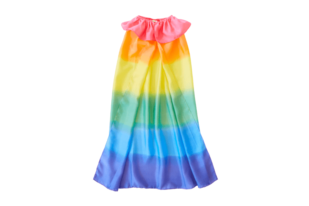 Sarah's Silks Rainbow Silk Cape, sarahs silks capes, dress up cape, rainbow cape, rainbow dress up clothes, silk capes, Toronto, Canada, open-ended dress up clothes, versatile dress up clothes for kids, costumes for kids, best costumes for children