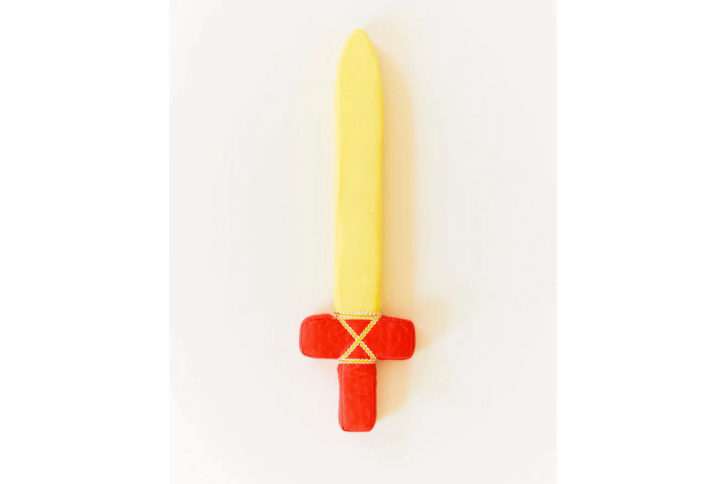 Sarah's Silks Soft Sword - Red, active play, imaginative play, dramatic play, 17 inches in length, stiff but soft foam, jacquard pattern silk, 3 years and up, costume, The Montessori Room, Toronto, Ontario, Canada.