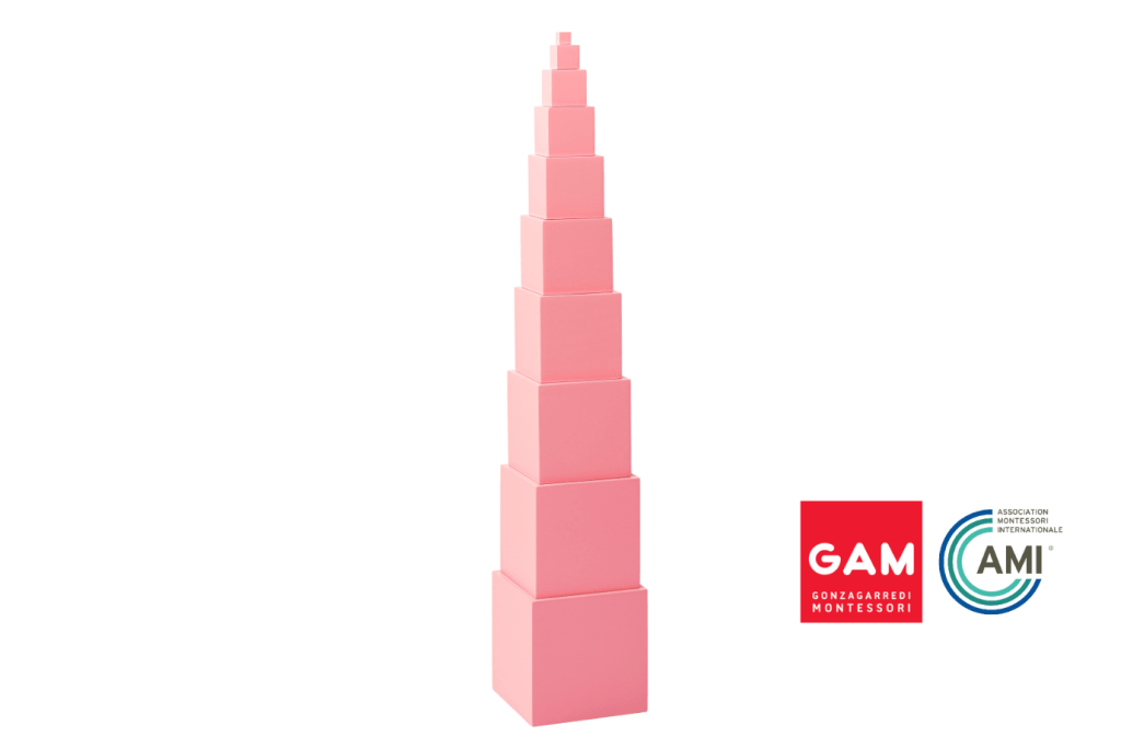 The Pink Tower, Montessori Sensorial Material, Casa Classroom materials, Primary classroom materials, Montessori material that develops visual discrimination skills, algebraic series of the third power, preparation for understanding geometry, preparation for understanding volume, preparation for understanding decimal system, iconic Montessori material, symbol of Montessori, AMI approved, The Montessori Room, Toronto, Ontario.