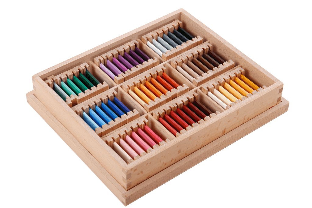 Third Box of Colour Tablets, Montessori sensorial material, Montessori material that teaches colour grading, Material for Casa classroom, Material for Primary classroom, chromatic sense, GAM, AMI approved, The Montessori Room, Toronto, Ontario.