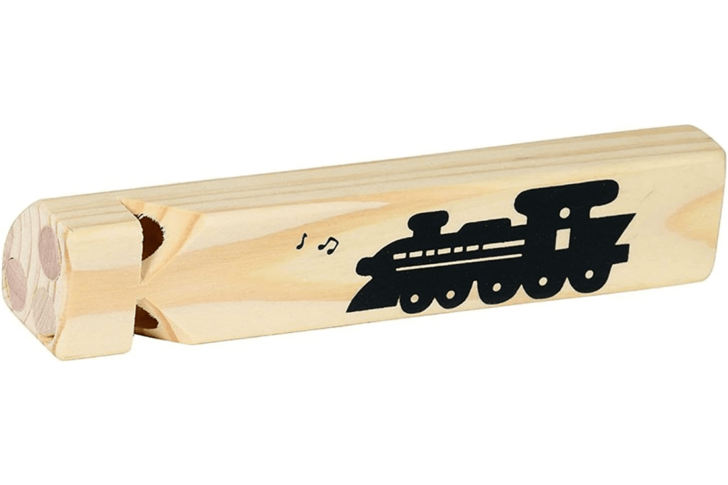 Train Engine Whistle by Goki, 3 years and up, wooden train whistle, mimics real sound, wooden toys, toys for train lovers, wooden children's instrument, The Montessori Room, Toronto, Ontario, Canada.