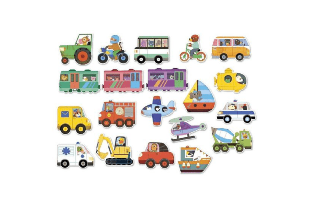 Transportation Magnets by Vilac, 20 wooden transportation-themed magnets, 2 years and up, great for fine motor skills, hand-eye coordination, language development, The Montessori Room, Toronto, Ontario, Canada.