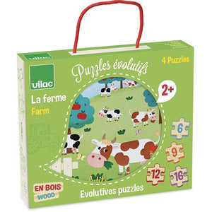 Wooden Vilac Montessori Farm Puzzles - The Montessori Room, wooden puzzles, 4 in 1 puzzles, puzzles for 2 year olds, 6 pc puzzle, 9 pc puzzle, 12 pc puzzle, 16 pc puzzle, animals puzzle, farm puzzle, Vilac, Toronto, Ontario, Canada