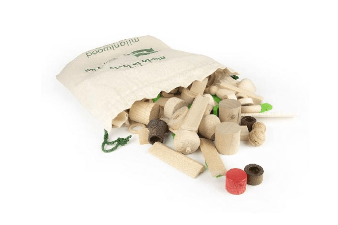Wooden Loose Parts by Milaniwood - The Montessori Room, Milaniwood, made in Italy, wooden parts, crafts, arts and crafts, loose parts exploration, educational toys, imaginative toys, Toronto, Ontario, Canada, 2kg bag of wooden parts