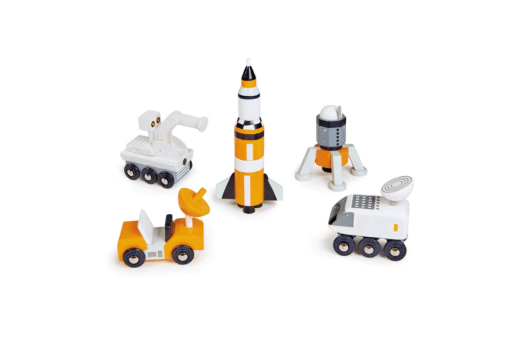 Wooden Space Voyager Set by Tender Leaf, wooden toys for todders, wooden toys for kids, realistic looking space toys, a 3-part rocket, a moon landing capsule, a lunar roving vehicle, a launch crew rover, a lunar probe, The Montessori Room, Toronto, Ontario. 