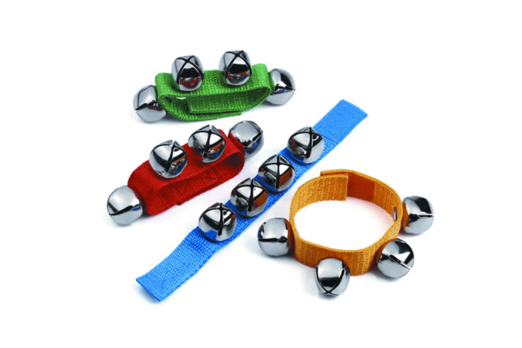 Wrist Bells by Halilit, adjustable 8" velcro strap, 4 bells, wear on wrist or ankles, instruments for kids, best instruments for kids, instruments for circle time, instruments for music class, great for gross motor development and stimulating the senses, ages 3 and up, colour will vary, each sold separately, The Montessori Room, Toronto, Ontario, Canada.