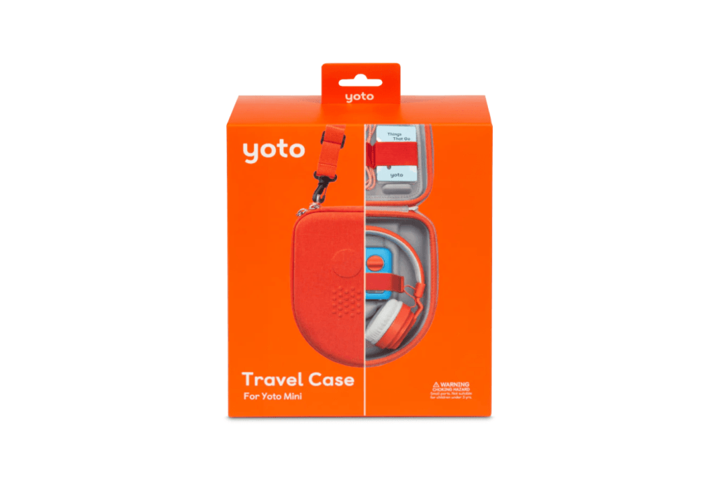 Yoto Mini Travel Case, Travel Case for a Yoto Mini, hard-shell travel case, adjustable strap, headphone compartment, card compartment, charger compartment, yoto mini with adventure jacket compartment, Yoto Player accessories, Yoto Play, The Montessori Room, Toronto, Ontario, Canada.