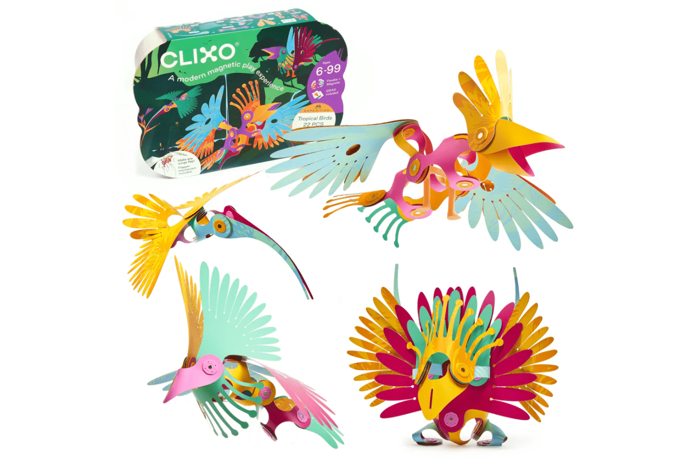 Clixo - Tropical Birds Pack (22pcs), magnetic toys, best travel toys, STEM toys, building toys, The Montessori Room, Toronto, Ontario, Canada. 