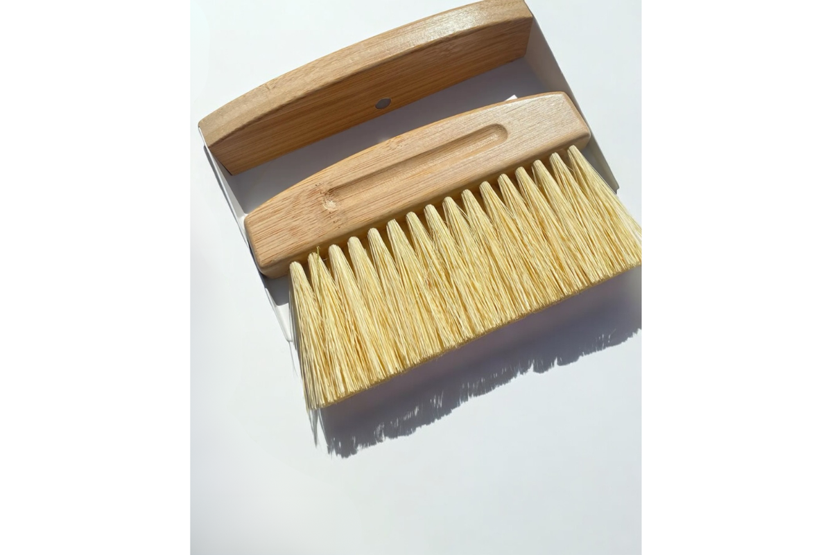 Bamboo Dust Pan &amp; Brush, child-sized cleaning tools, practical life materials, care of the indoor environment, table sweeper, crumb sweeper, Montessori classroom packages, The Montessori Room, Toronto, Ontario, Canada. 
