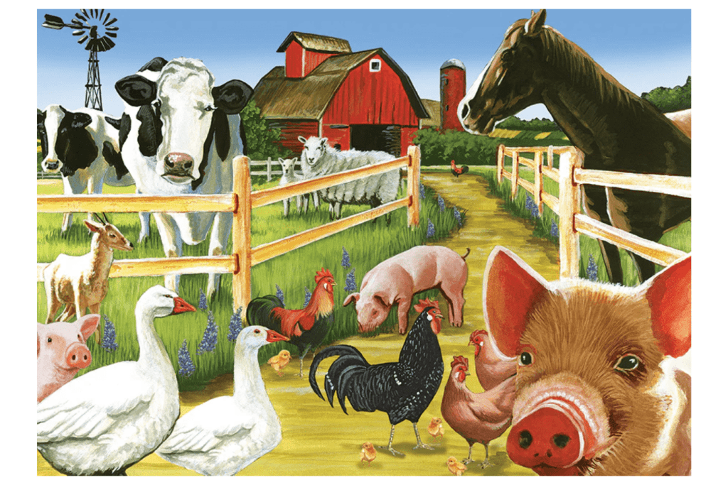 Farmyard Welcome (tray) | 35 Piece Tray, cobble hill puzzle for kids, puzzle with tray, puzzle with background image, kids puzzle with back tray, kids puzzle with background image, Toronto, Canada