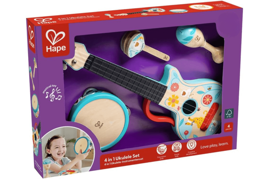 4-in-1 Percussion Set, 4-in-1 Ukulele Set by Hape, instruments for toddlers, instrument set for kids, children, toddler ukulele, tambourine, castinet, shaker, best instruments for kids, Toronto, Canada