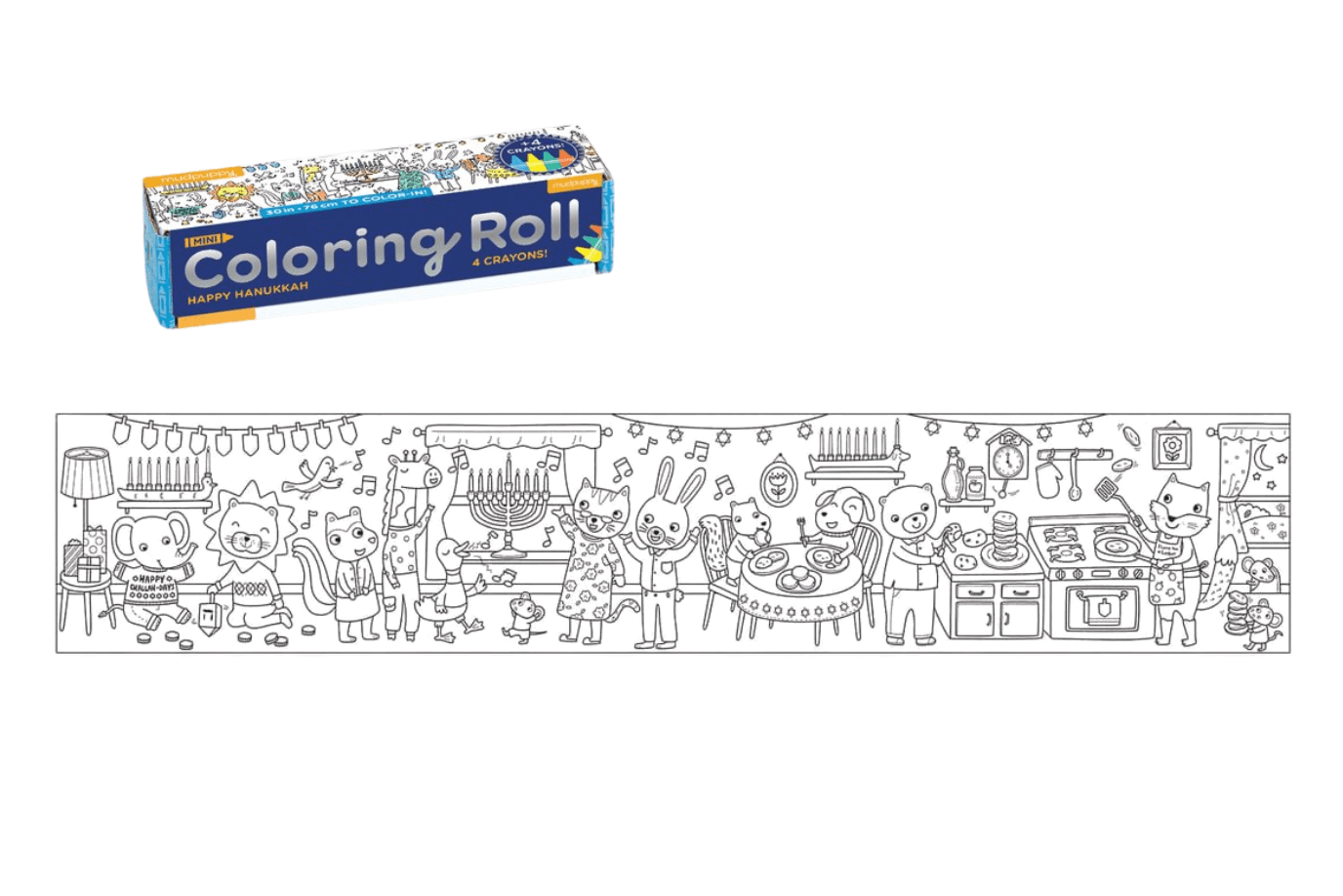 Happy Hanukkah Mini Colouring Roll, Mudpuppy, Hanukkah crafts, Hanukkah activities, Hanukkah gifts, The Montessori Room, Toronto, Ontario, Canada. 