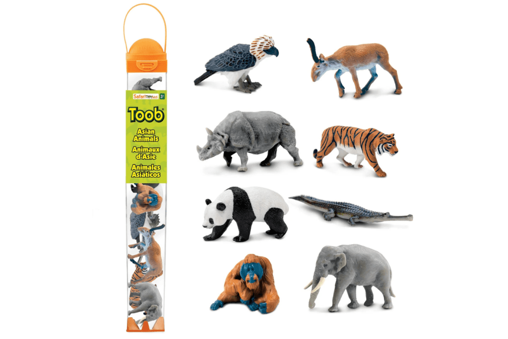 Asian Animals Toob®, Asian Elephant, Indian Rhino, Orangutan, Panda Bear, Tiger, Saiga Antelope, Philippine Eagle, and Gavial, Montessori language materials, realistic figurines, sensory bins, The Montessori Room, Toronto, Ontario, Canada. 