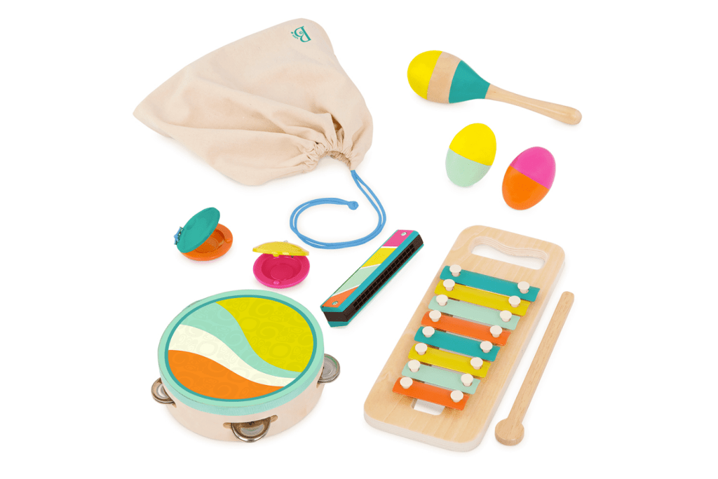 B. Toys Wooden Musical Instruments Set, 1 xylophone and 1 drumstick, 1 tambourine, 1 harmonica, 1 maraca, 2 castanets, 2 egg shakers and 1 drawstring bag, wooden instruments for kids, gifts for toddlers, gifts for preschoolers, The Montessori Room, Toronto, Ontario, Canada. 
