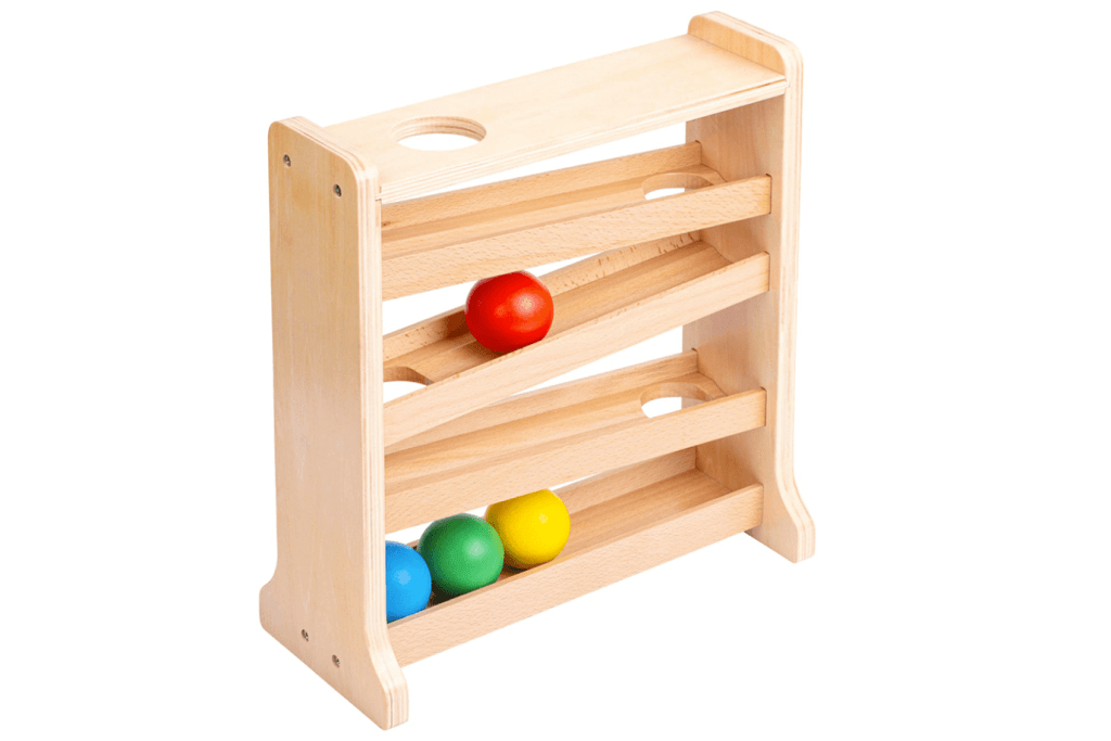 Ball Tracker, The Montessori Room, Toronto, Ontario, toys for visual tracking skills, toys for infants, wooden toys for infants, toys that help to develop equilibrium, toys that help to develop hand eye coordination, Montessori infant materials.