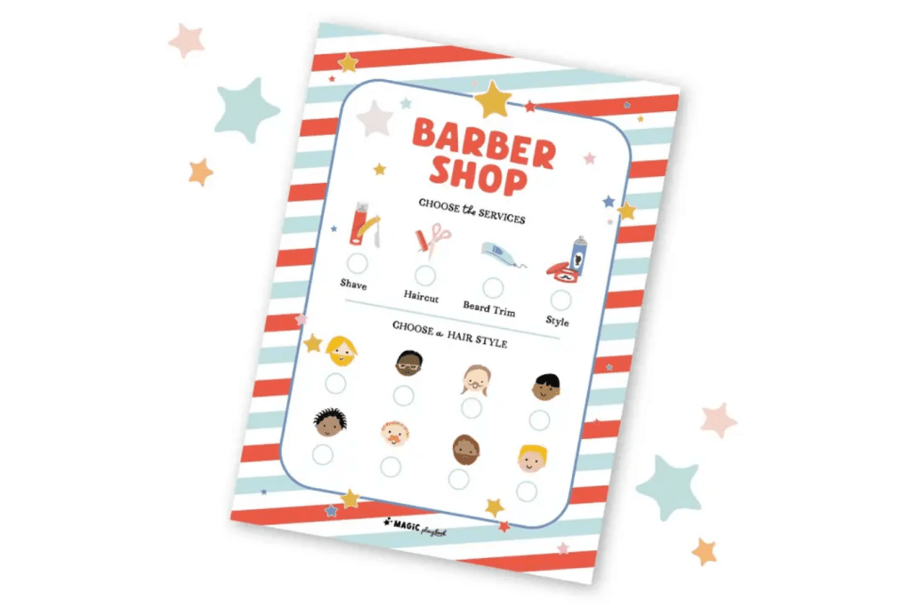 Barber Shop Notepad, MagicPlaybook, imaginative play, pretend play, pretend hairdresser, pretend hair salon, pretend barbershop, imaginative play haircuts, haircut accessories, stocking stuffers for 3 years and up, best gifts for children who like pretend play, The Montessori Room, Toronto, Ontario, Canada. 