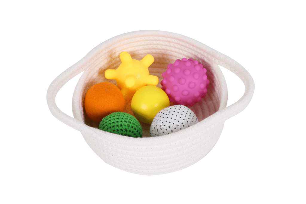 Basket with Balls, Montessori Infant Material, Montessori Nido Materials, high-quality Montessori materials, The Montessori Room, Toronto, Ontario, Canada.