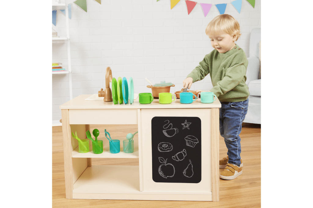 Battat Play Kitchen Market Toddler Friendly Size Chalkboard Menu Oven Dials 25 Toy Cooking Accessories 2 Years Two N One Cookin Fun