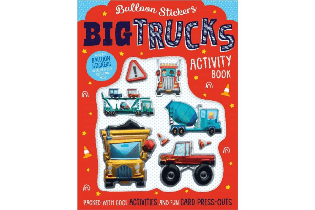 Balloon Stickers Big Trucks Activity Book By Amy Boxshall, James Dillon &amp; Make Believe Ideas, activity books for kids, car-themed activity books, travel books for kids, travel activity books for kids, car stickers, Toronto, Canada