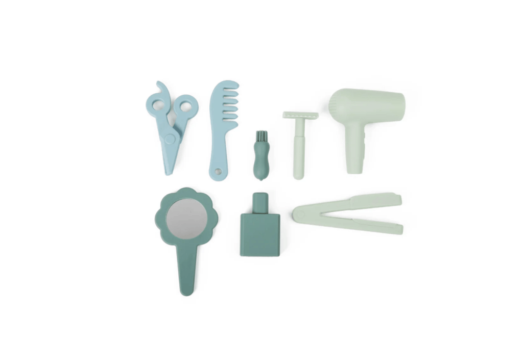 bug + bean Silicone Hairdresser Playset, pretend hair dryer, pretend scissors, pretend hair dressing set for kids, pretend hairdressing kit for children, pretend straightener for kids, pretend razor for kids, Toronto, Canada