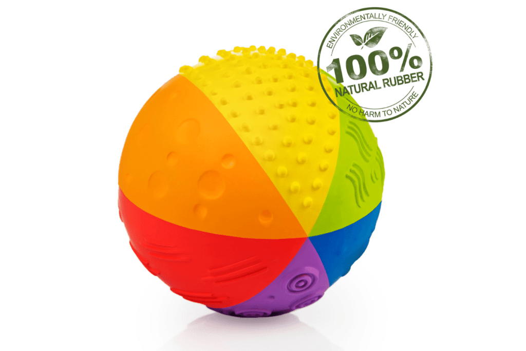 Caaocho Rainbow Sensory Ball - Made from Natural Rubber - The Montessori Room, Toronto, Ontario, Canada, Caaocho ball, sensory ball, rubber ball, safe rubber balls for baby, best toys for baby, infant toys, infant sensory toys, natural rubber toys, best gifts for infant, best toys for infants