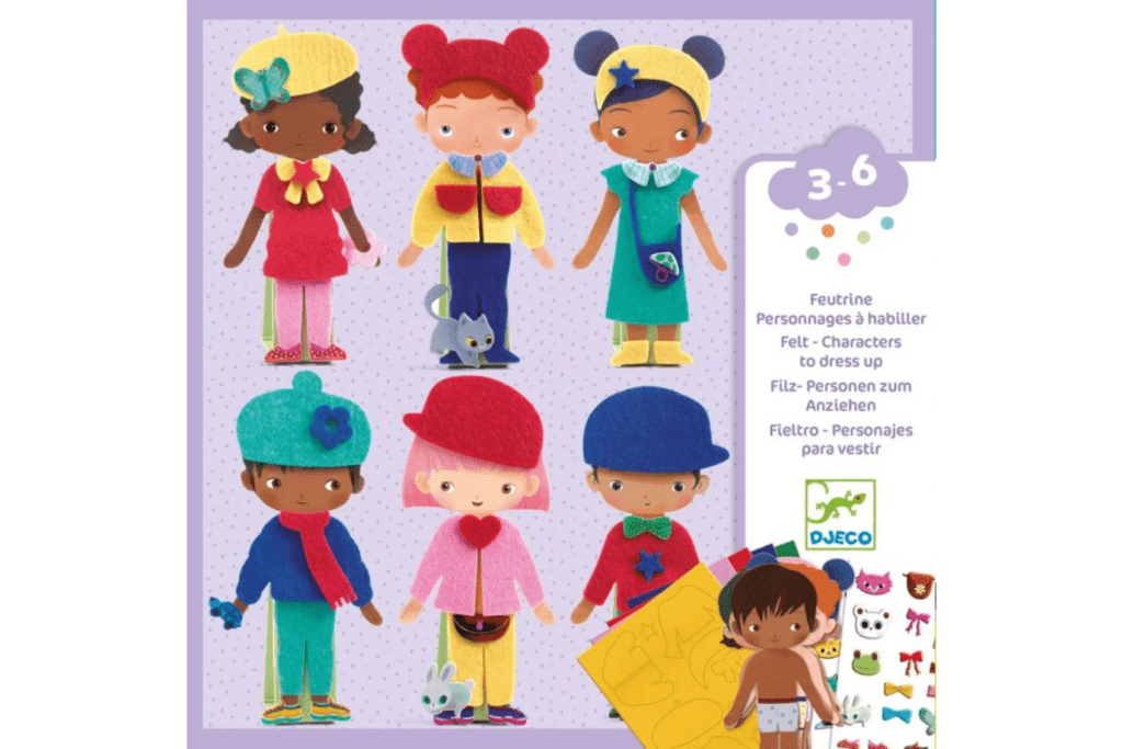 Collage - Soft Dress Up, DJECO, dress up craft kits, craft kits for 3 year olds, craft kits for 4 year olds, craft kits for 5 year olds, craft kits for 6 year olds, best craft kits for kids, best crafts for kids who like to play dress up, The Montessori Room, Toronto, Ontario, Canada. 