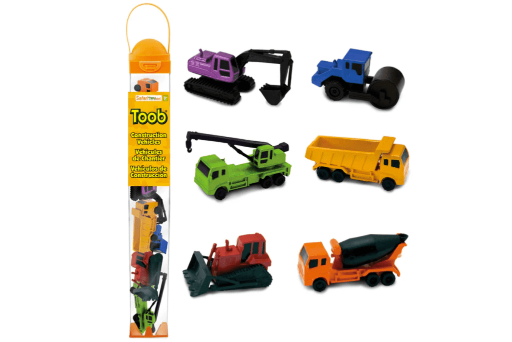 Construction Vehicles Toob, Safari LTD, Free Nomenclature Cards, 3 years and up, language materials, Montessori language materials, realistic figurines, The Montessori Room, Toronto, Ontario, Canada. 