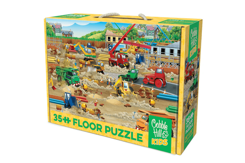 Cobble Hill Construction Zone (Floor 36pc), Cobble Hill floor puzzles, floor puzzles for kids, construction truck puzzles for kids, construction site puzzles for kids, Toronto, Canada, puzzles for a 3 year old