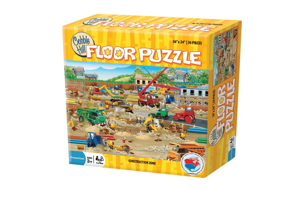 Cobble Hill Construction Zone (Floor 36pc), Cobble Hill floor puzzles, floor puzzles for kids, construction truck puzzles for kids, construction site puzzles for kids, Toronto, Canada, puzzles for a 3 year old