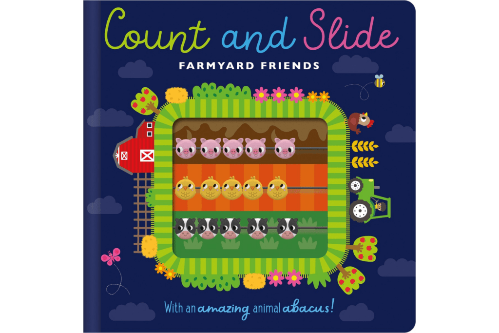 Make believe ideas Count and Slide Farmyard friends book, travel books for toddlers, travel books for kids, best toys to bring to restaurants for kids, counting books for kids, activities to practice counting with the a toddler, toddler math activities, Toronto, Canada