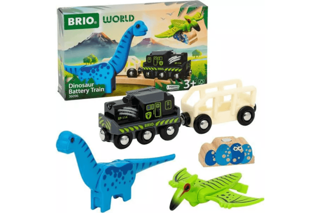 BRIO World Dinosaur Battery Train, battery operated wooden trains, best wooden trains, high quality wooden trains, wooden train accessories, best gifts for kids, The Montessori Room, Toronto, Ontario, Canada.