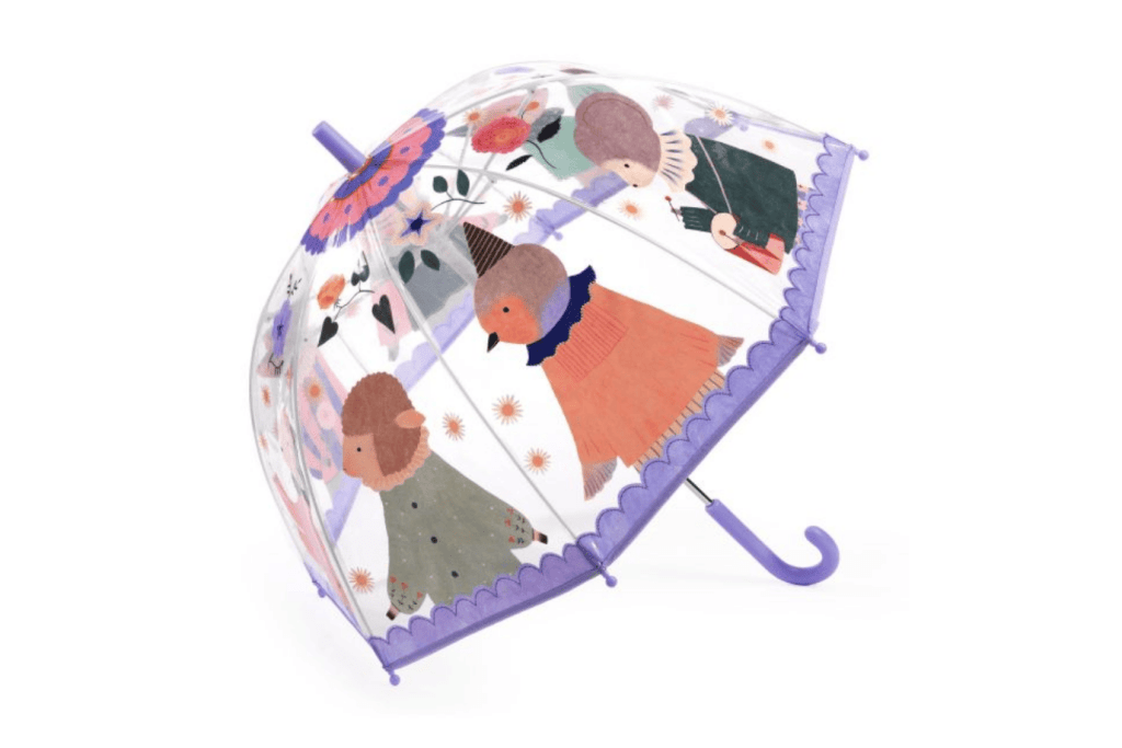 Transparent children's umbrella with cartoon character design on a white background