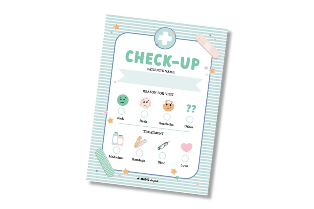 Check-Up Notepad, MagicPlaybook, imaginative play, pretend play, pretend doctor, imaginative play doctor, doctor accessories, stocking stuffers for 3 years and up, best gifts for children who like pretend play, The Montessori Room, Toronto, Ontario, Canada. 