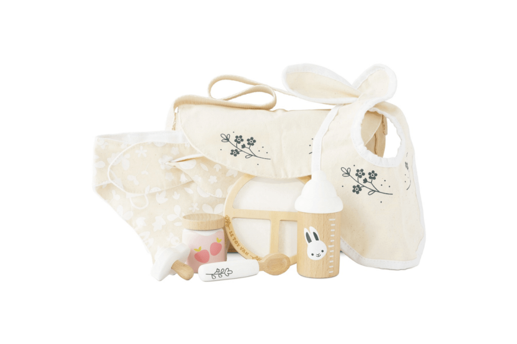 Roleplay - Doll Nursing Kit and Bag, Doll Feeding and Diaper Bag, pretend play toys, baby doll accessories, The Montessori Room, Toronto, Ontario, Canada. 