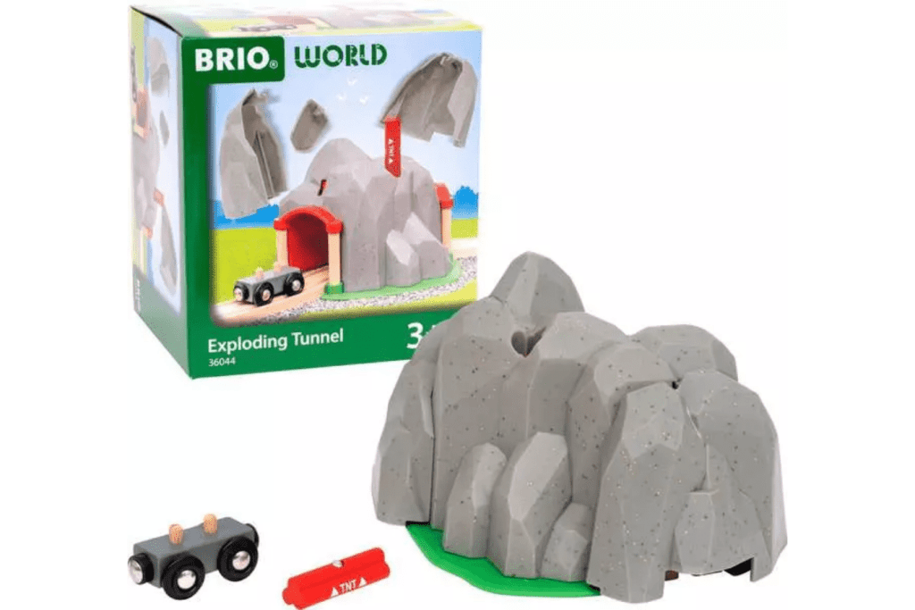 Dynamite Mountain Tunnel, BRIO Exploding Tunnel, wooden train set accessories, best wooden train sets, best gifts, The Montessori Room, Toronto, Ontario, Canada. 