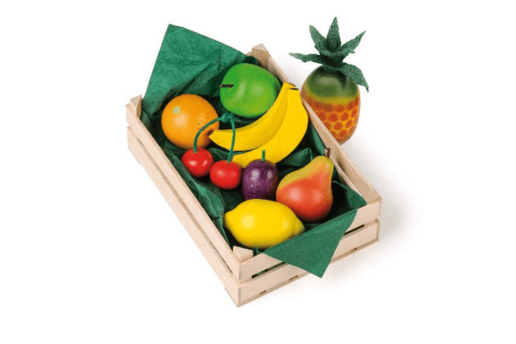 Erzi Assorted Fruits, wooden fruits, realistic fruits for play, language objects, pretend play toys, best toys for imaginative play, pretend kitchen accessories, best toys for pretend play, 3 years and up, The Montessori Room, Toronto, Ontario, Canada. 