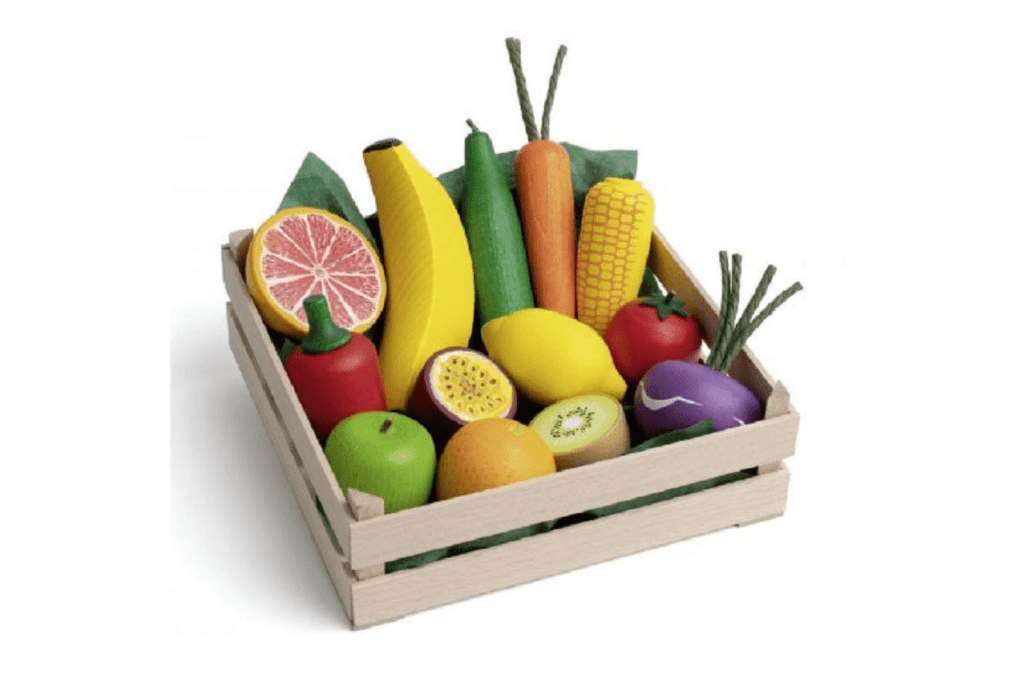 Erzi Assorted Fruits and Vegetables XL, wooden fruits, wooden vegetables, realistic fruits for play, realistic vegetables for play, language objects, pretend play toys, best toys for imaginative play, pretend kitchen accessories, best toys for pretend play, 3 years and up, The Montessori Room, Toronto, Ontario, Canada. 