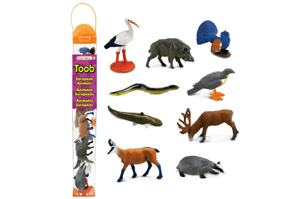 European Animals Toob®, a White Stork, a Wild Boar, a Western Capercaillie, a European Eel, a Eurasian Sparrowhawk, a Wels Catfish, a Red Deer, a Chamois Antelope, and a European Badger, Montessori language materials, realistic figurines, sensory bins, The Montessori Room, Toronto, Ontario, Canaada. 