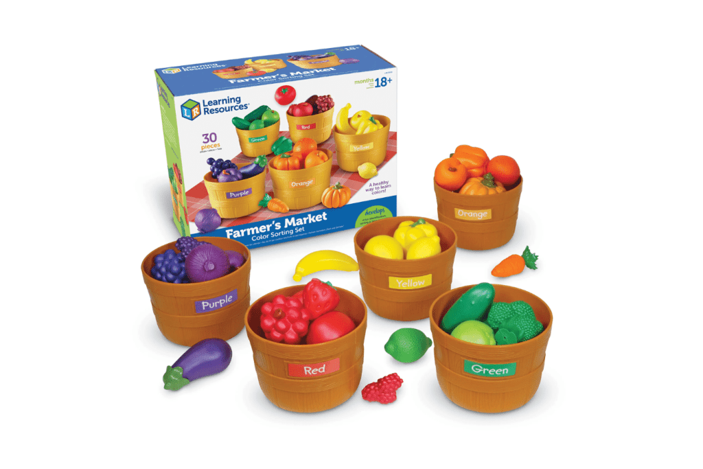 Learning Resources Farmer&#39;s Market Colour Sorting Set, toddler colour sorting activity, teach a toddler colours, how to teach a toddler colours, sorting activities for toddlers, colour sorting activities, Montessori activities for a 2 year olds, Montessori activities for an 18 month old, Toronto, Canada
